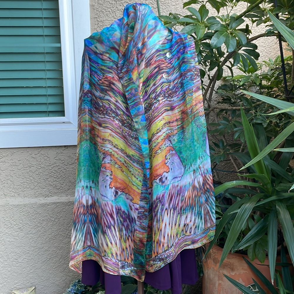 Vintage Escada Multicolored Artistic Hand Painted Silk Scarf/Wrap - Picture 9 of 13